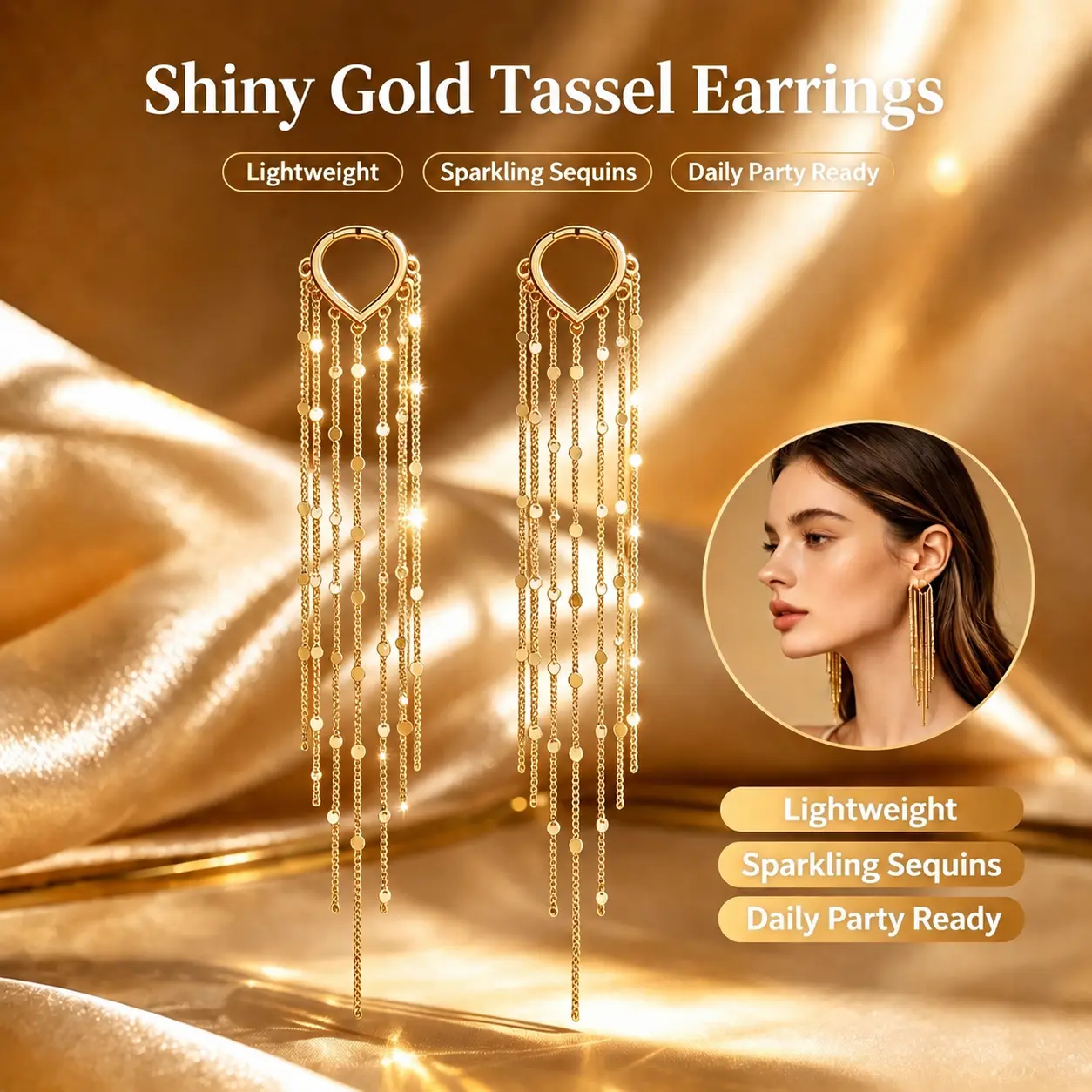 Women's Gold-Plated Long Tassel Drop Earrings - Hypoallergenic Sequined Chains with Heart-Shaped Clasp, Face Slimmer Product, Bling Effect, Metal Coating, Elegant Wedding/Birthday Fashion Jewelry Accessories, Gold Aesthetic, Wedding Glam, Earring Stack