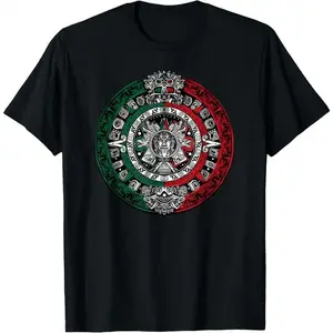 100%25cotton Aztec Calendar - Azteca Sun Stone - Mexico Flag T-Shirt
