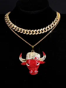 3pcs/set Punk Bull's Head Pendant Necklace Set, Hat & Cubic Zirconia, Unisex Jewelry for Everyday Style