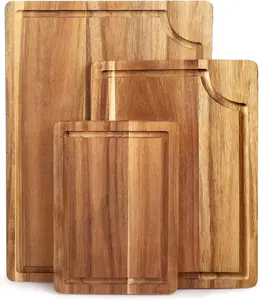 Acacia Wood Cutting Board Set with Juice Groove 3 Pieces Organic Wooden Cutting Boards for Kitchen Eco Friendly Design Rectangular Chopping Knives