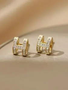 Fashion Korean Vintage Letter H Earrings, Trendy Cool Simple Small Ear Cuff Zircon Studs, Women's Jewelry Accessories