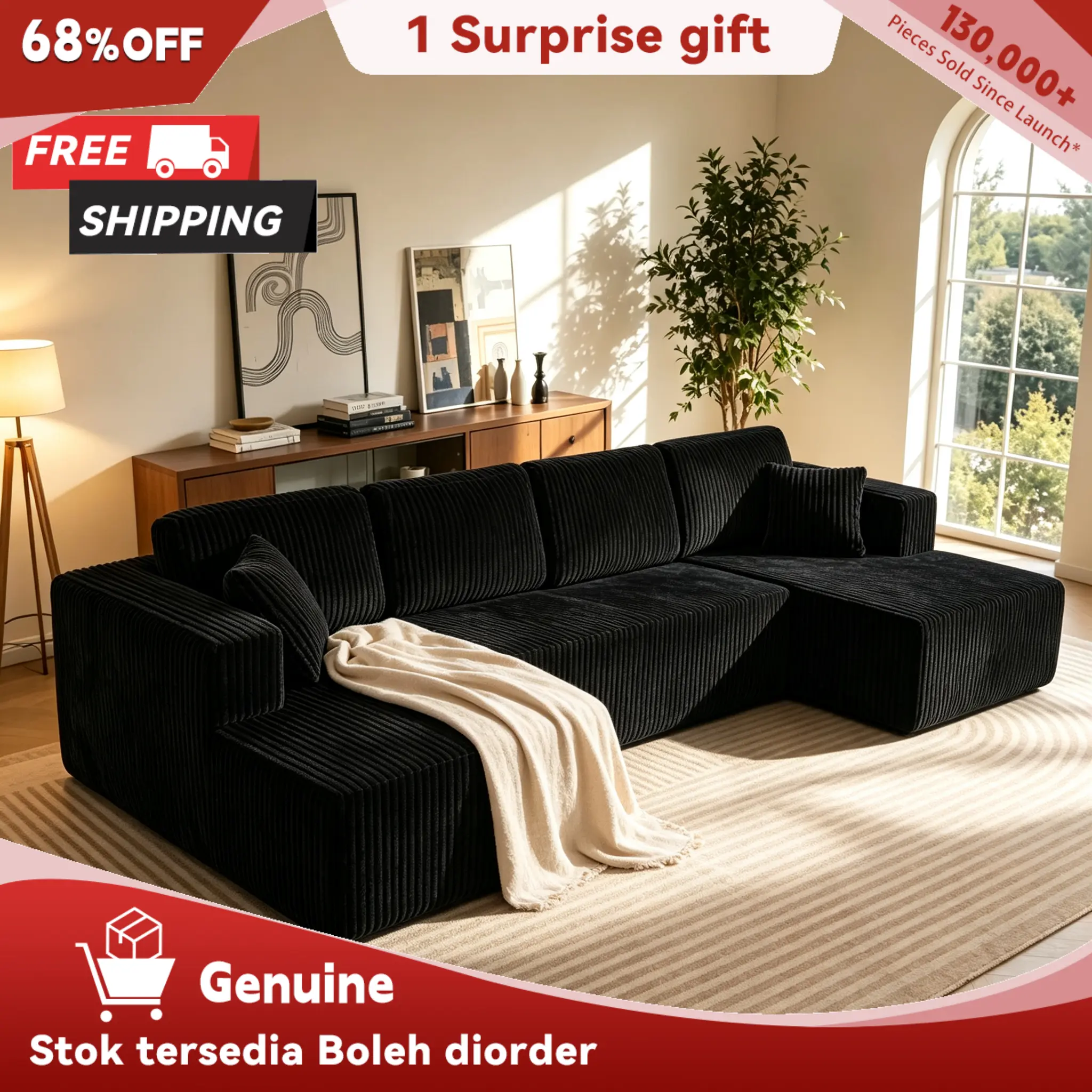 【2-3 Packages】Niccae Divideable U-Shaped Dual-Function Modular Sectional Sofa  132.5" Breathable Corduroy Upholstered 5-Seat Minimalist Oversized No-Assembly Living Room Furniture, Fixed Arms, 2 Pillows, Comfy Couch, Bedroom Furniture, U Shaped Sofas, Cou