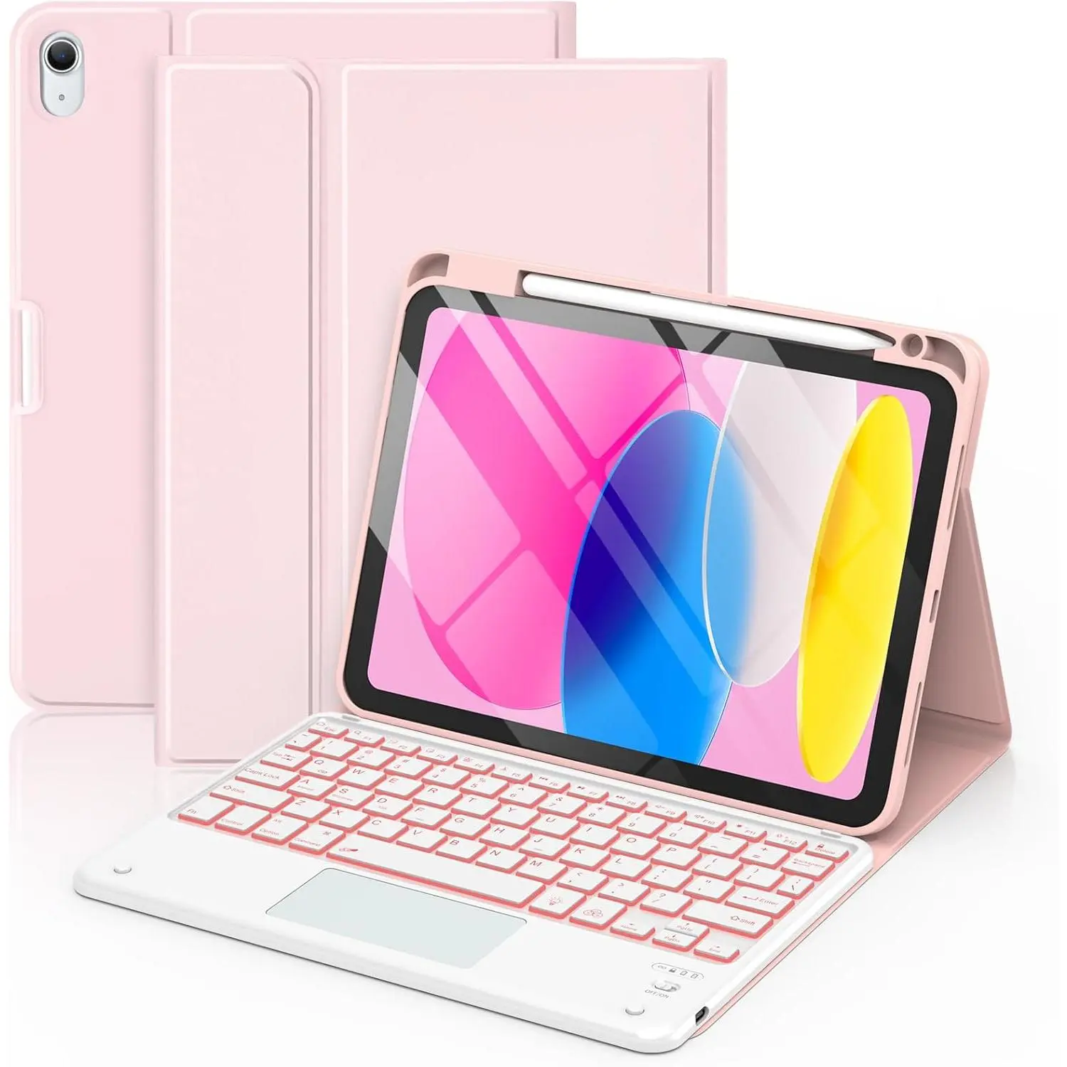 Light Pink Tablet Case with Keyboard, Shell & Button Accessories for iPad 11th Gen (11in A16 2025) & 10th Gen (10.9in 2022) - 7-Color Backlit, Detachable, Multi-Touch Trackpad, Pencil Holder, Adjustable, Ideal for Reading & Work