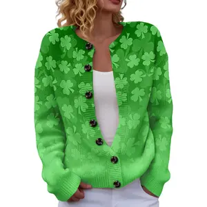 Women's St. Patrick's Day Green Knit Cardigan, Long Sleeve Button Down Shamrock Sweater Coat, Lucky Clover Irish Holiday Outfit