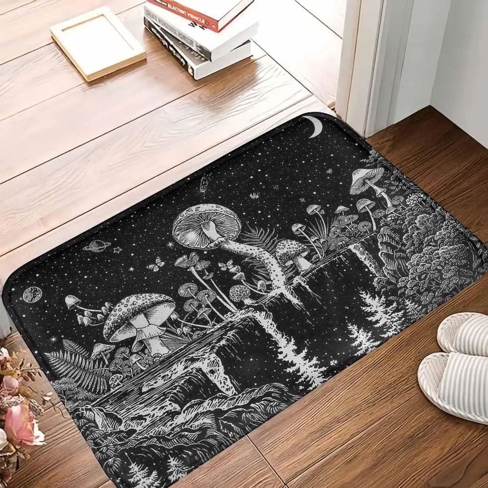 Flannel Household Oval Trippy Mushroom Rug - Black and White Galaxy Waterfall Moon Stars Print, Witchy Goth Aesthetic, Rubber Non-Slip Soft Carpet for Bathroom, Meditation Room, Hippie Gift summerwins