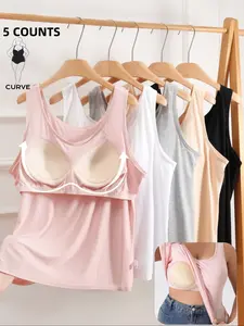 1/3/5 COUNTS【Plus Size】 Solid Color Women 's Tank Top Built in bra, Casual Soft Comfortable Breathable Top, Women's Plus Size Tanks for All Seasons,For Daily and Outdoor Wear,High  stretch