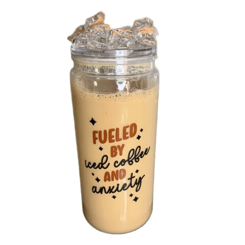 16oz Acrylic Iced Coffee Tumbler with Decorative Lid and Clear Straw Fueled by Iced Coffee and Anxiety Design