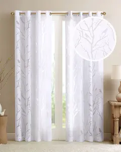 Grommet Top Sheer Bird on Branches Burnout Window Curtain