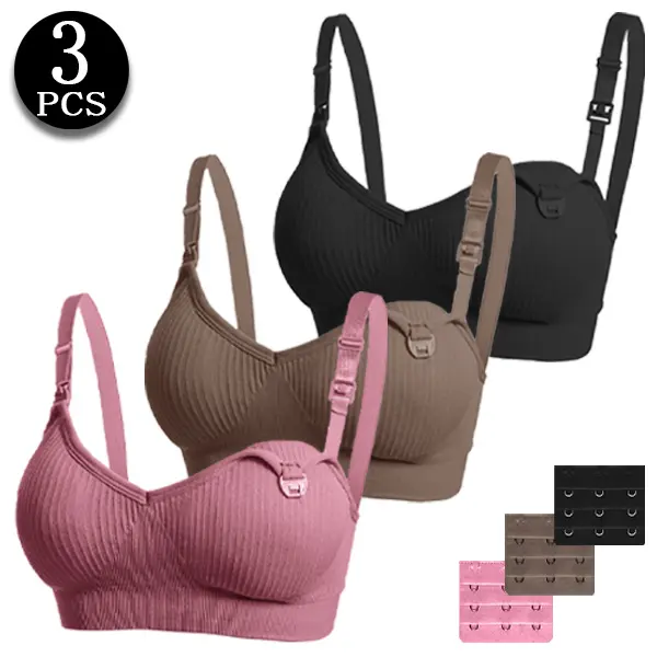 3 PCS Maternity Nursing Bras for Breastfeeding, Ribbed Wireless Bras with One-Handed Clasp, Adjustable Back Hooks, Postpartum Everyday Wear Essentials