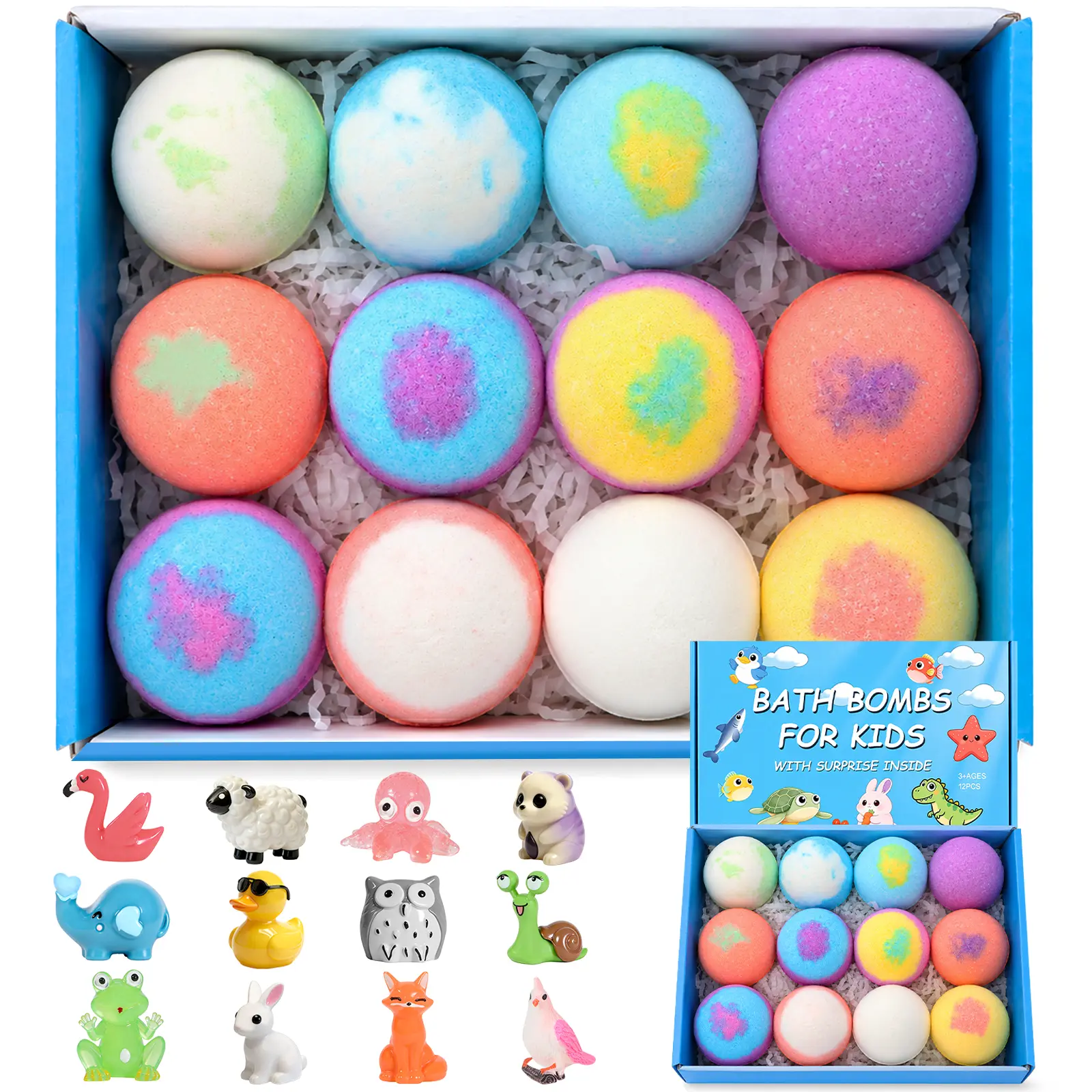 Summer Bath Fizzies for Kids, 12 Pack Colorful Bath Bombs with Animal Bath Toys, Gentle Formula, Ages 3+