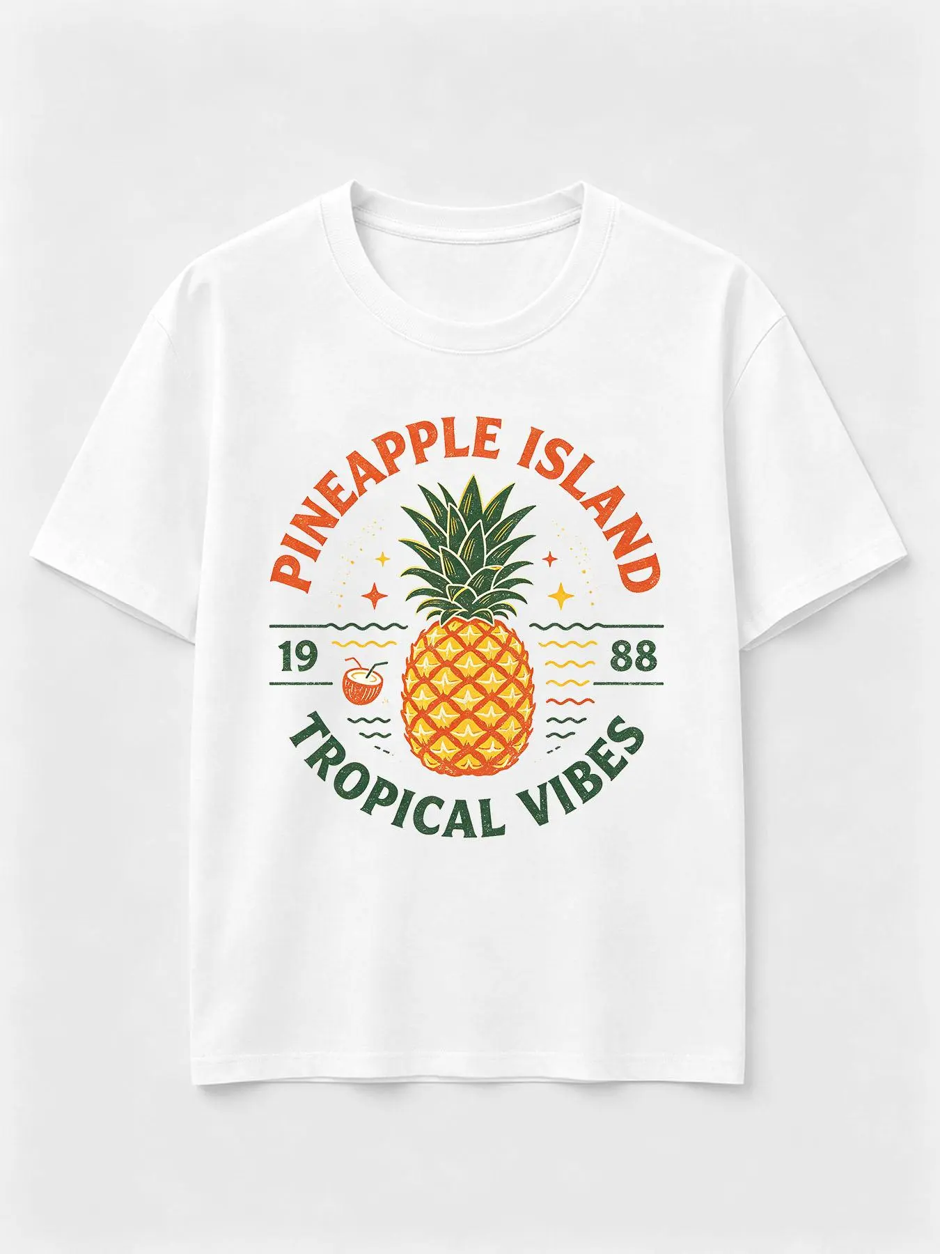 Women's Pineapple Island Vintage Tropical Graphic Short-Sleeve Cotton T-Shirt, Retro Vibes Casual Tee, Shortsleeve