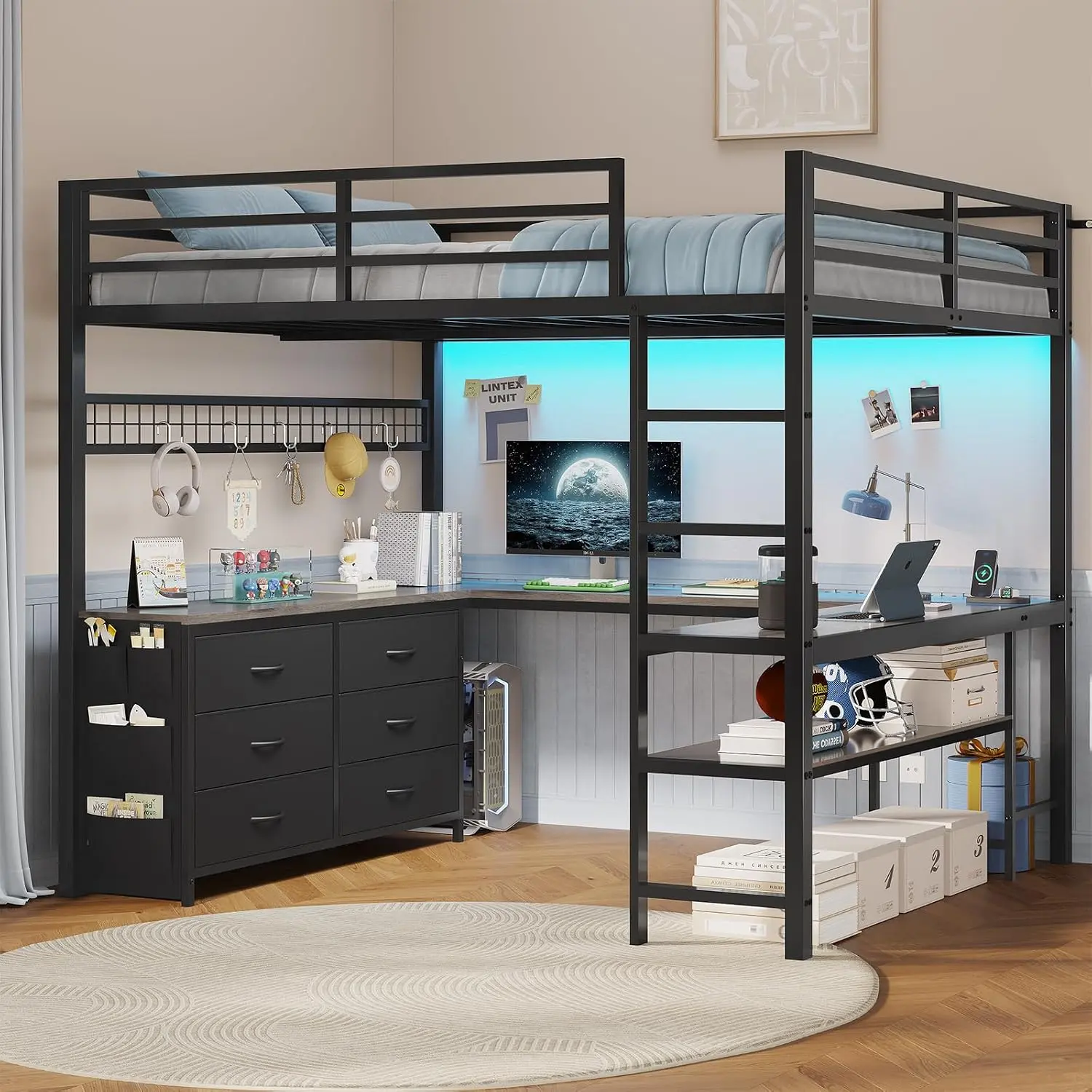 ADORNEVE Loft Bed Full Size with U-Shaped Desk and 6 Storage Drawers LED Metal Loft Bed with Power Outlet and 2 Storage Shelves Bed with Safety Guardrail and Ladders