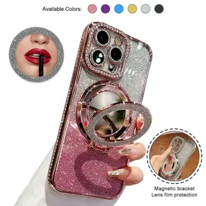 Mirror Kickstand Glitter Diamond Case for iPhone 16 15 14 13 12 11 Pro Max,Magnetic Stand Holder,Camera Lens Protector, Rhinesetone Bing Cover Case