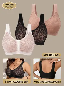 [3 Pack] Plus Size Backless Bra, 0XL-4XL, Front Buckle, Wide Straps, Easy On/off, Full Coverage, Soft and Breathable, Casual Lingerie, Supportive Bra