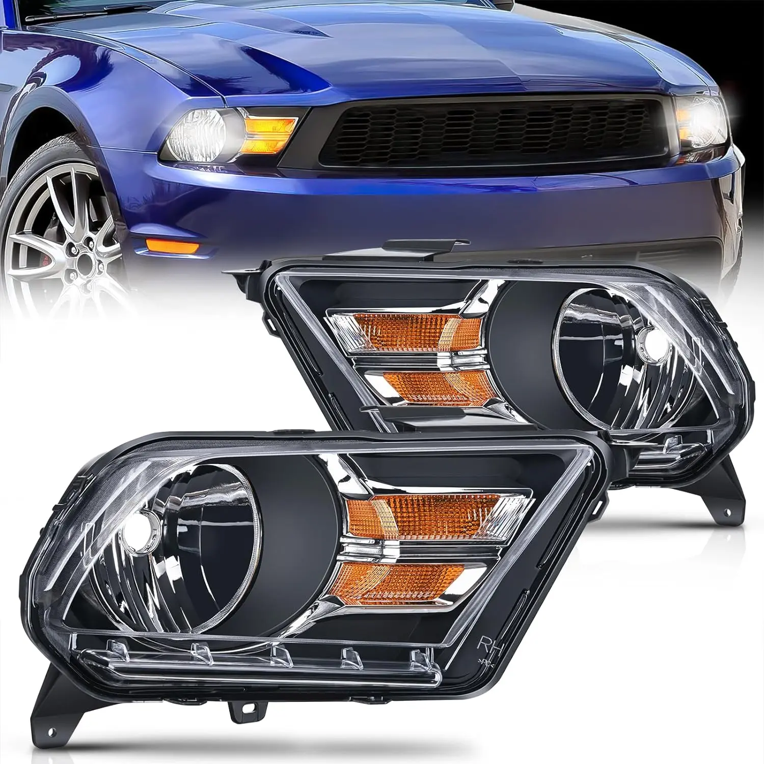 Nilight Headlight Assembly for 2010-2014 Ford Mustang, Black Housing, Amber Reflector, Upgraded Clear Lens, H13 Bulb Beam Headlight, IP65 Headlamps for Bright Vision