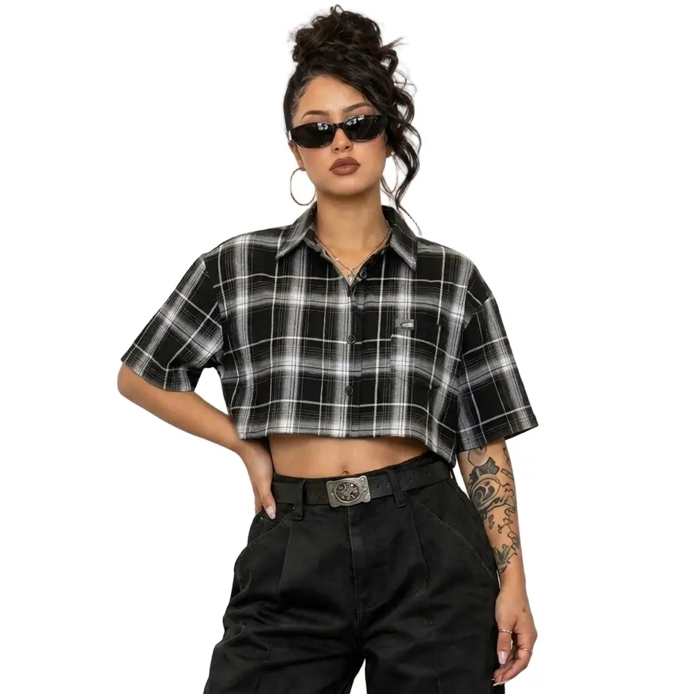 CalTop Lady's Collared Comfortable Short-Sleeve Plaid Crop-Top Blouse, Versatile for Skirts Pairing, Shortsleeve, Button, Crop Tops For Women, Checkered, Women's Clothing, Plaid Pattern, Jeans, Casual