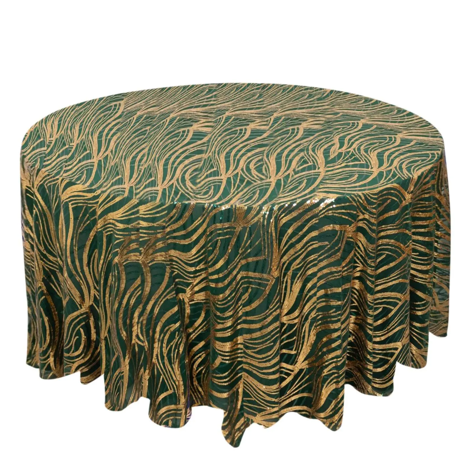 120" Round Sequin Mesh Tablecloth - Hunter Emerald Green & Gold, Seamless Wave Embroidered Table Cover for Anniversaries, Events, Party Decorations