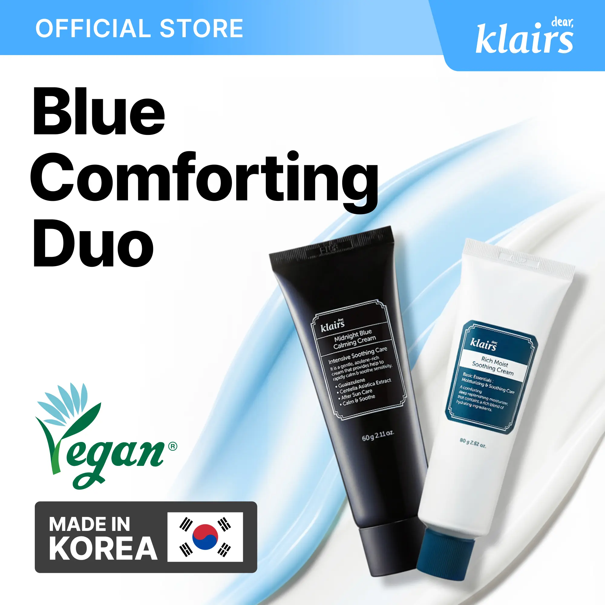 [Dear Klairs Official] Instant Calming & Deep Moisturizing Duo | Midnight Blue Calming Cream, Rich Moist Soothing Cream, Korean Skincare