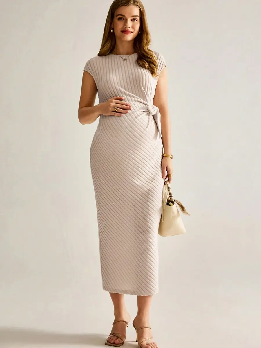 MaterniRIO Maternity Old Money   Ribbed Knit Belted Casual Midi Dress