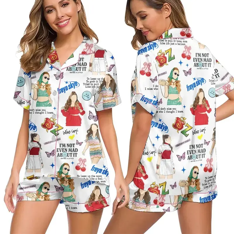 Freya Skye Satin Pajamas, Cute Cartoon Descendants Zombies Pajamas Set, Family Matching Button Down Pajamas, Women Loungewear