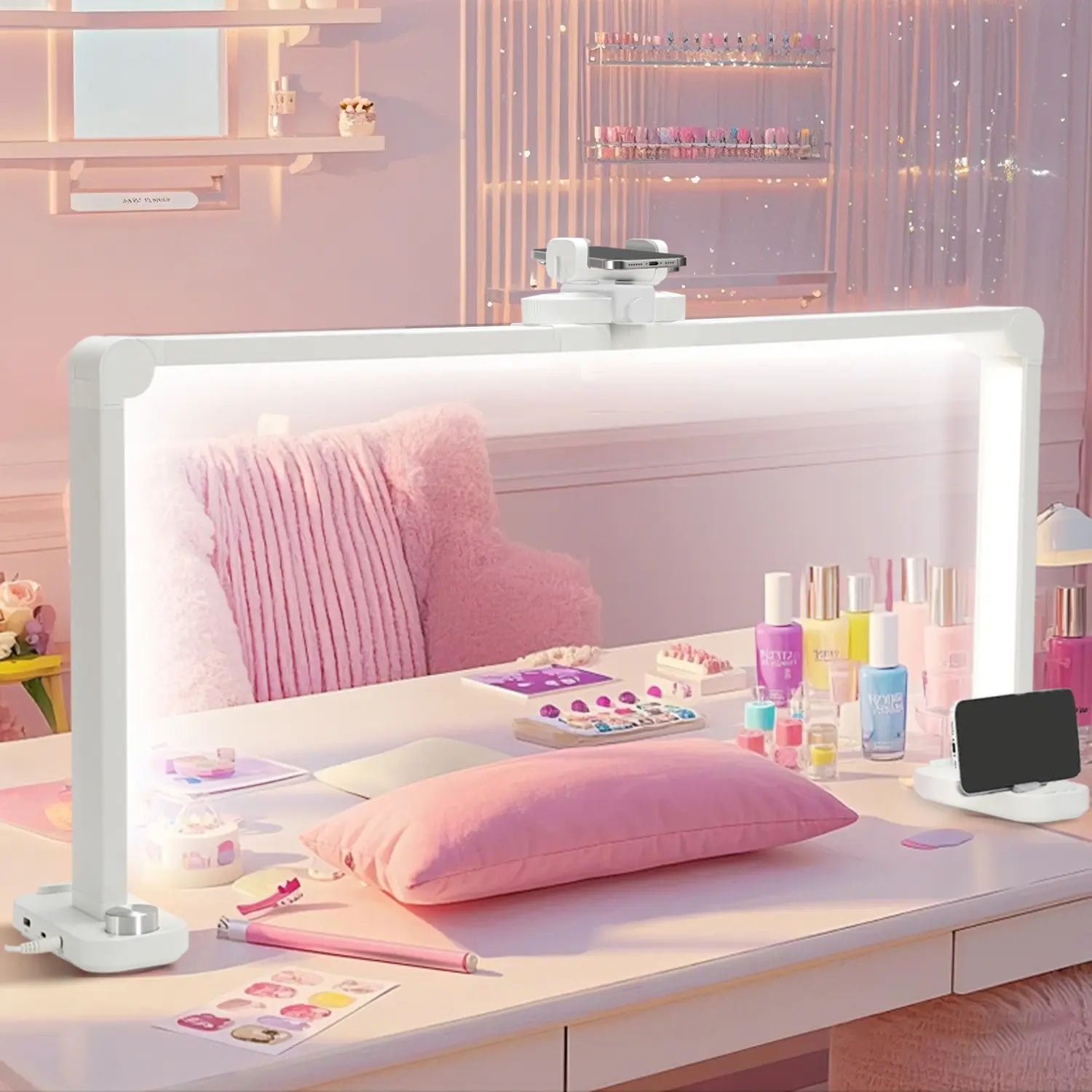 Nail Desk Lamp Nails Tech Light with Phone Stand, 0-100% Adjustable Brightness, 3000K-6000K Color Temperature Led Desk lamp for Nail, Tattoos, Eyebrows, Beauty