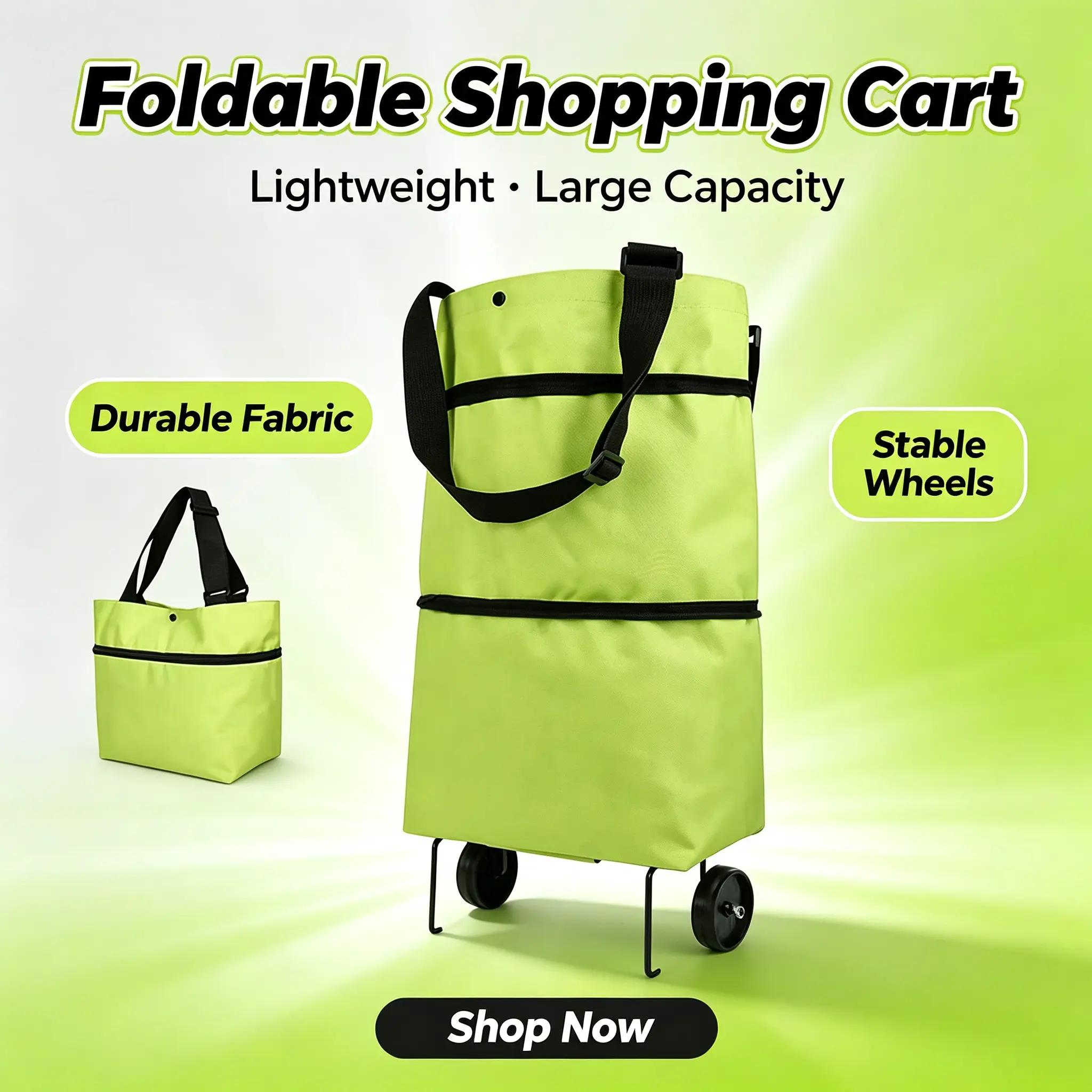 2-in-1 Foldable Rolling Shopping Cart with Wheels - Lightweight Collapsible Trolley Tote, Reusable Portable Space-Saving Functional Bag for Grocery, Travel
