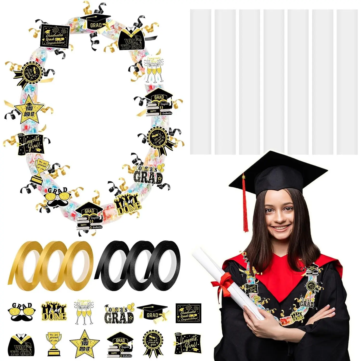 174 count Graduation Candy Lei Making Kit, 24 count Graduation Candy Lei Tubing 144 Grad Paper Cut 6 Rolls Ribbons for Congrats Grad Class of 2026 Party Supplies DIY Gifts Wreaths