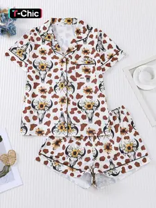 Women's Casual Fitted Pajama Set, Long Sleeve Button Front Shirt & Elastic Pants, Comfortable All-Season Sleepwear Loungewear, Cow Print, Pjs, Homewear