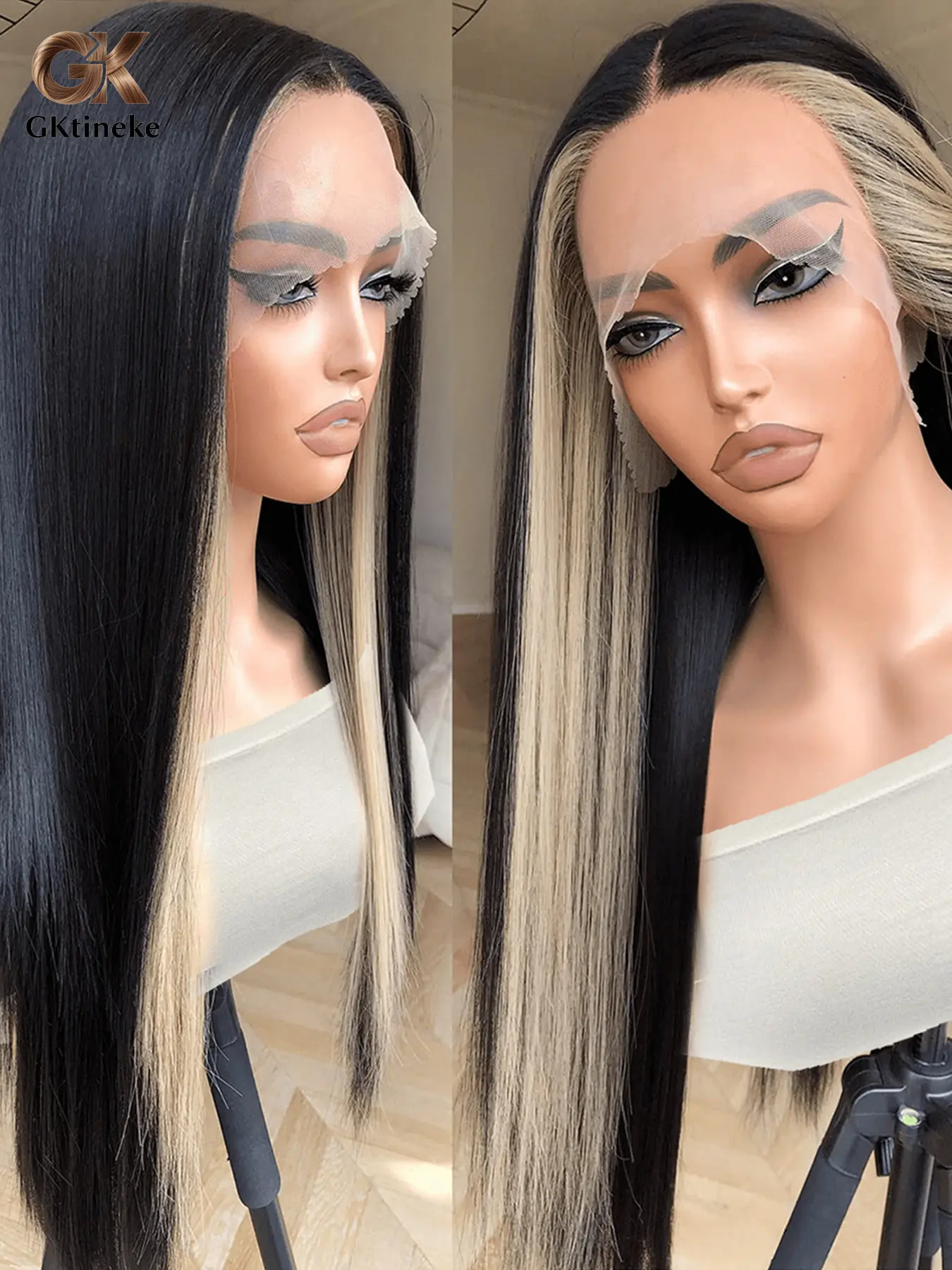 Gktineke 30 Inch Straight Long Hiar Lace Frontal Wigs Pre-Tied Ready Wear, Glueless Frontal Wig, HD No Glue 13x5x1 Women Synthetic Lace Front Black Blond Wig 180 Density