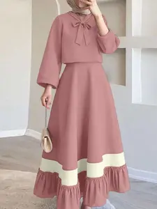 ZANZEA Women's Casual Solid Color Set, V-Neck Bow Tie Short Sleeve Top with Color Block Midi Skirt, Ideal for Daily Outings and Commuting Fashion Style Sets