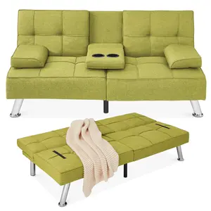 Best Choice Products Modern Linen Convertible Futon Sofa Bed w/ Removable Armrests, Metal Legs, Cupholders
