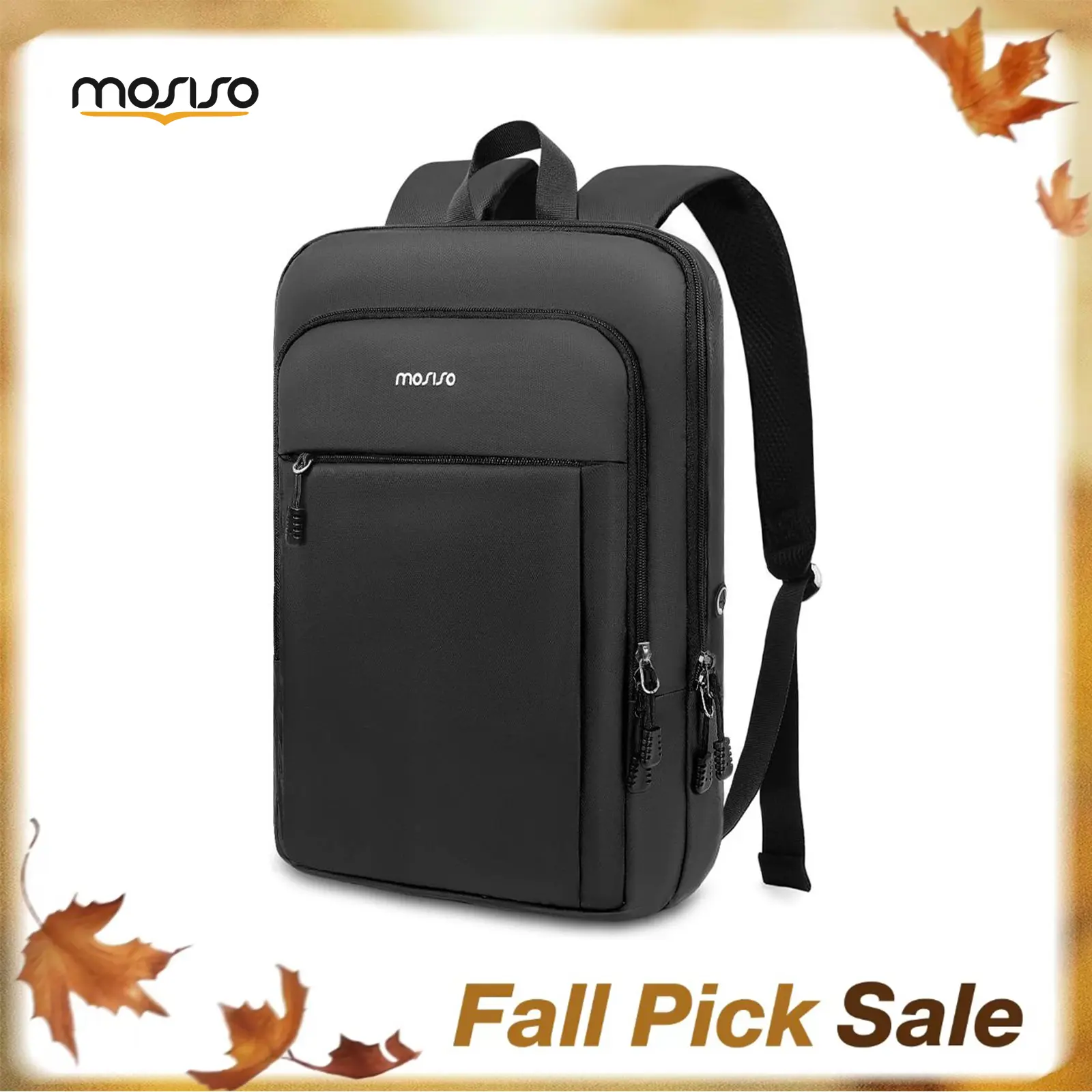 MOSISO Basic Slim Lightweight Compact Laptop Backpack for Men-Women - 15.6-17.3in Waterproof Polyester Daypack with 3 Front Zip Pockets, Anti-Theft Pocket, Luggage Strap - for School, Business - Backpacks for School, Vivobook, EDC Gear