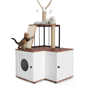 【GARVEE】Litter Box for Cats with Storage Cabinet, Hidden Litter Box Cabinet with Scratching Post, Scratching Board and Play Balls, Large Cat Tree with Litter Box Cabinet, Wooden Furniture