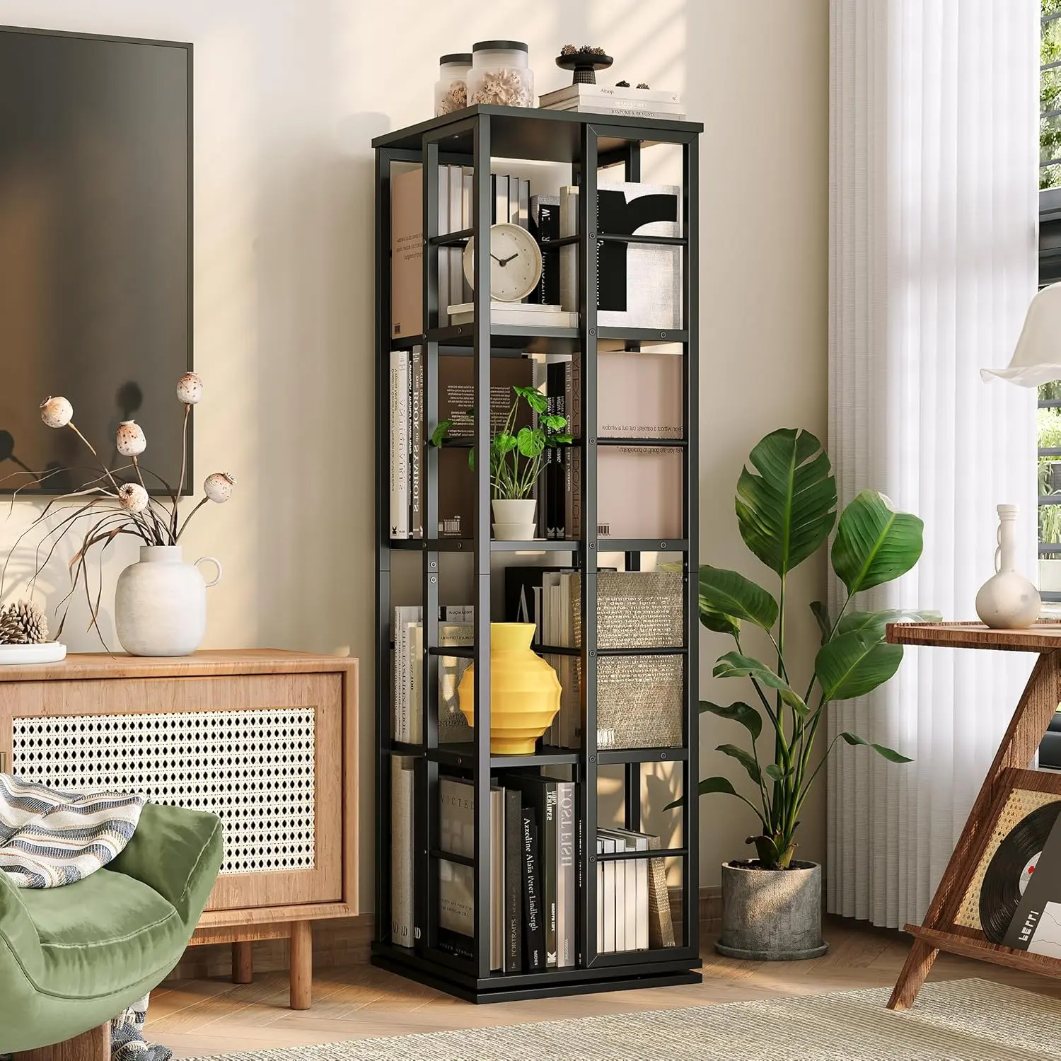 Industrial 360° Rotatable 4-Tier Corner Rotating Bookshelf Cabinets - 54" Tall Wood & Steel Frame Narrow Swivel Racks & Shelves, Space Saving Open Display Storage System for Small Room Ideas, Office/Living Room Furniture, Black, Assembly Required