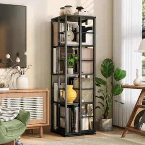 Rotating Bookcase - 4-Tier Corner Shelf for Small Spaces, 54" Tall Spinning Organizer with Industrial Metal Frame 360° Narrow Swivel Bookshelves for Living Room, Bedroom, Study, Black