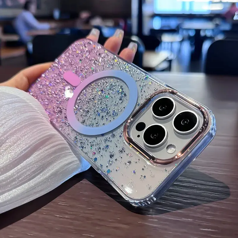 Luxury Glitter for Magsafe Acrylic Case for iPhone 16 15 17 Pro Max 14 13 17 Air Magnetic Gradient Bling Hard Shockproof Cover Yellowpink