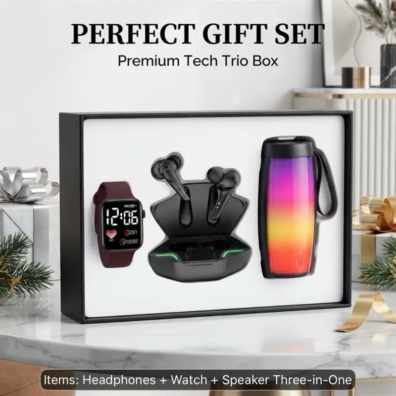 Tech Trio Gaming And Audio Bundle Including True Wireless Wireless Earbuds With Charging Case, Smart Watch, And Portable LED Ambient Light Speaker Cup With Color Changing Effects, Long Battery Life, Clear Sound Quality, Stylish Design
