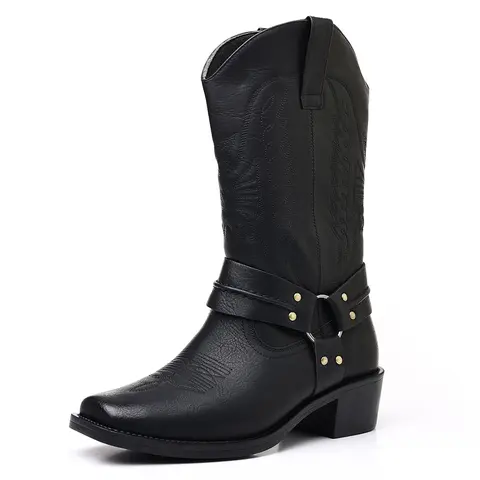 Men's Classic Embossed PU Retro Ankle Booties - Low Kitten Heel, Ankle Strap Buckle, Slip-On, Breathable, Western Cowboy Footwear, Chic Casual-Smart Look, All Seasons Minimalist Urban Shoes