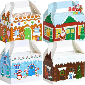 24 pieces of 3D Christmas house cardboard candy boxes, suitable for holiday Christmas gifts, measuring 6 inches * 3.5 inches * 6 inches, suitable for gift giving, school classroom party gifts, offering 4 designs of cardboard candy boxes.