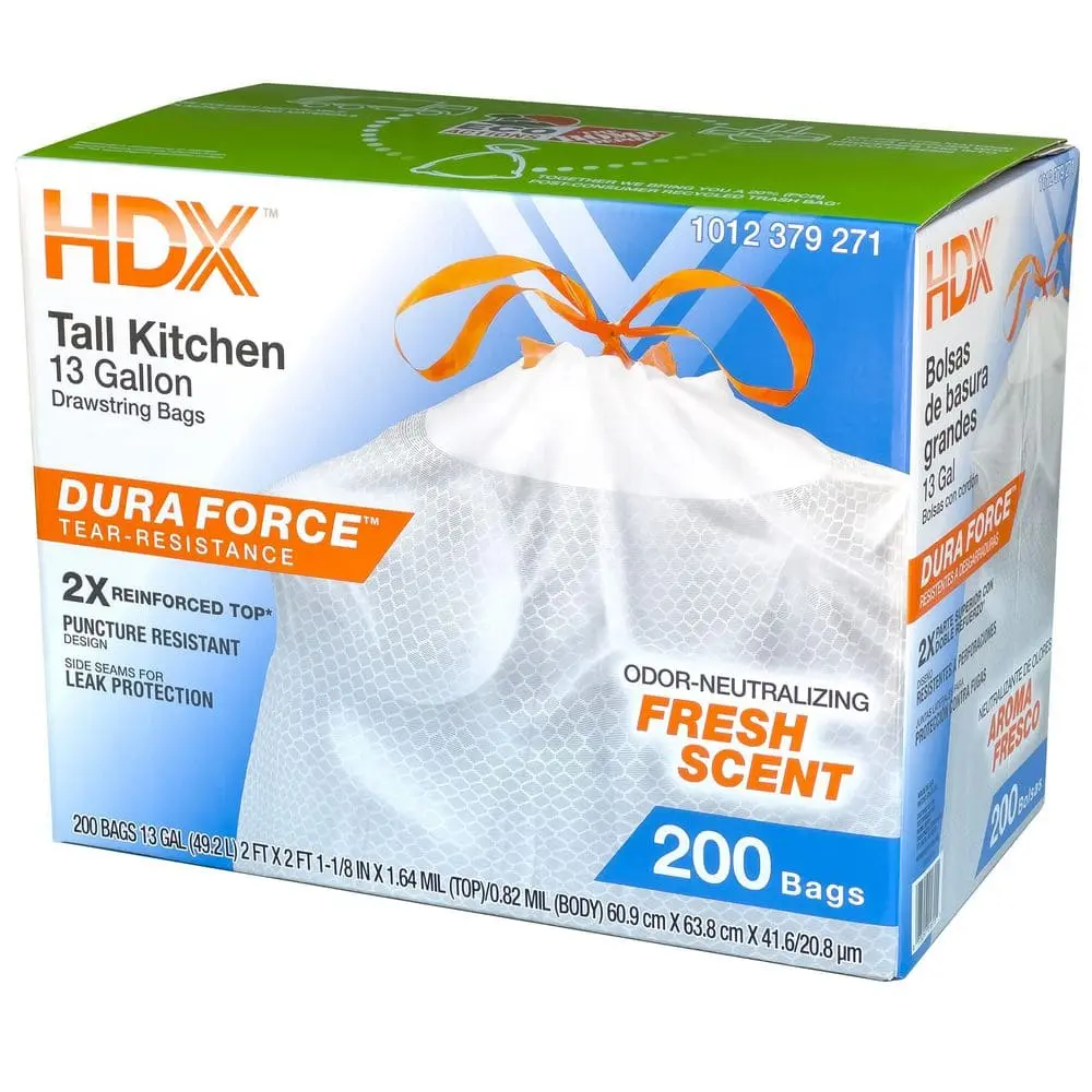 13-Gal Reinforced Top Drawstring Fresh-Scented Tall Kitchen Trash Bags with 20% PCR (200-Count)