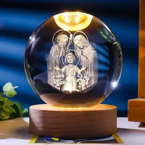 Illuminated Jesus and Virgin Mary Glass Crystal Ball Set with Cross, Christian Religious Saint Family Decor Ornaments for Devotion