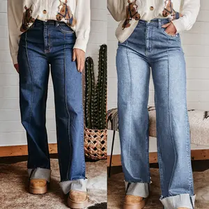 2026 Women Spring And Summer Retro Flanged Mid-seam Design Wide-Leg Jeans High Waist And Thin Straight Jeans