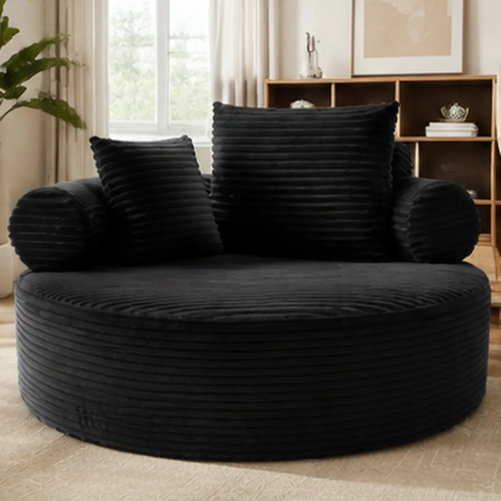 Round Sofa Bed with Memory Foam, Cloud Couch Sectional for Living Room, Black Velvet Sofa with 3 Pillows, No Assembly Required, 55.5x55.5x25.6 in, Small Space Couch Bed for Apartment Office, Black Color Options, Foam+Spring Material