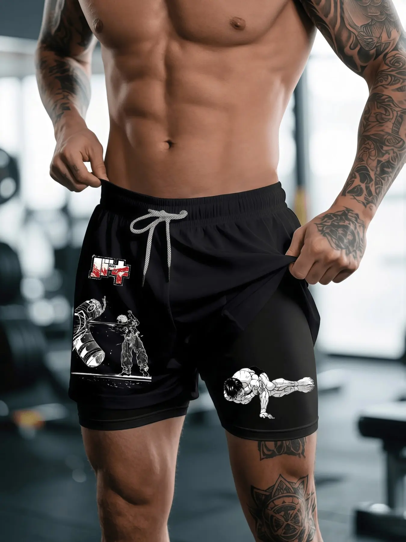 Baki Graphic Gym Shorts, Unisex Mesh 2-In-1 Performance Breathable Shorts, Sports Workout Shorts with Pockets, Summer for Men