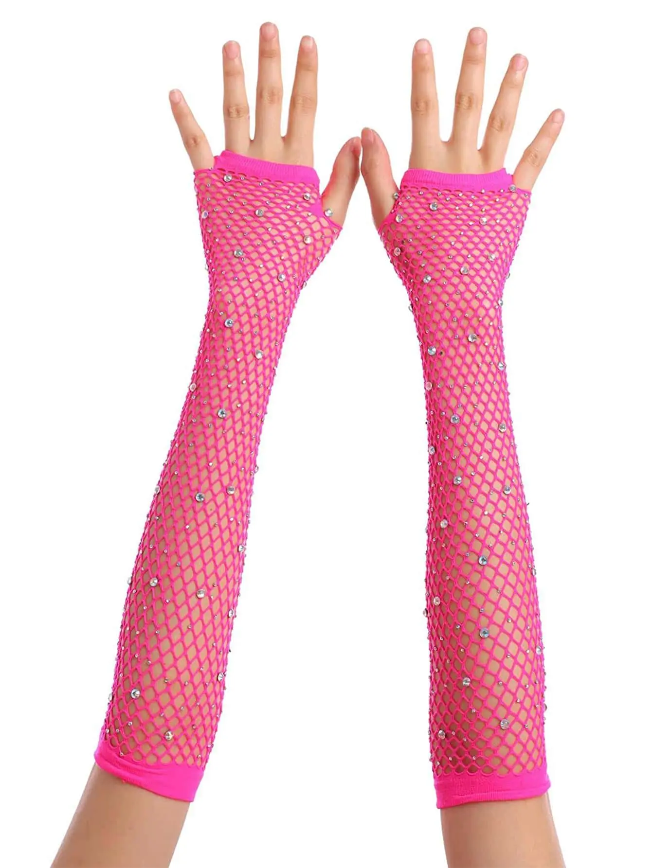 Rhinestone Decor Fishnet Fingerless Gloves Halloween