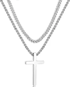 2pcs Cross Shaped Necklace and Cuban Chain Layered Necklace For Men and Women