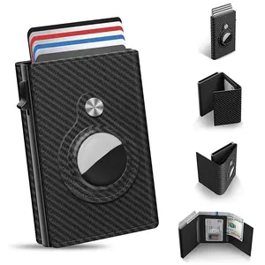 Men's Slim Wallet with AirTag Holder, Aluminum Pop-Up Card Ejector Design, Carbon Fiber Leather RFID Blocking Minimalist Wallet, Credit Card Organizer, Fathers Day Gift for Men & Dad