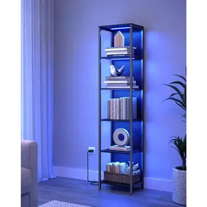 6-Tier  Bookshelf, Display Shelf  Dimmable Lights,  Bookcase  Steel Frame, 11.9 X 15.7 X 70.3 Inches, For Living Room, Bedroom, Office, Black  Wood Grain Space-Saving Non-Woven