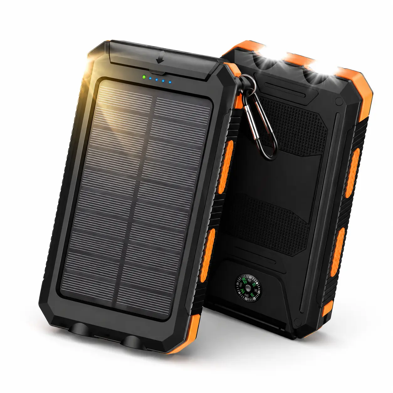 All-in-One Solar Camping Flashlight, USB Rechargeable Power Bank with Compass & Intelligent Indicator Light