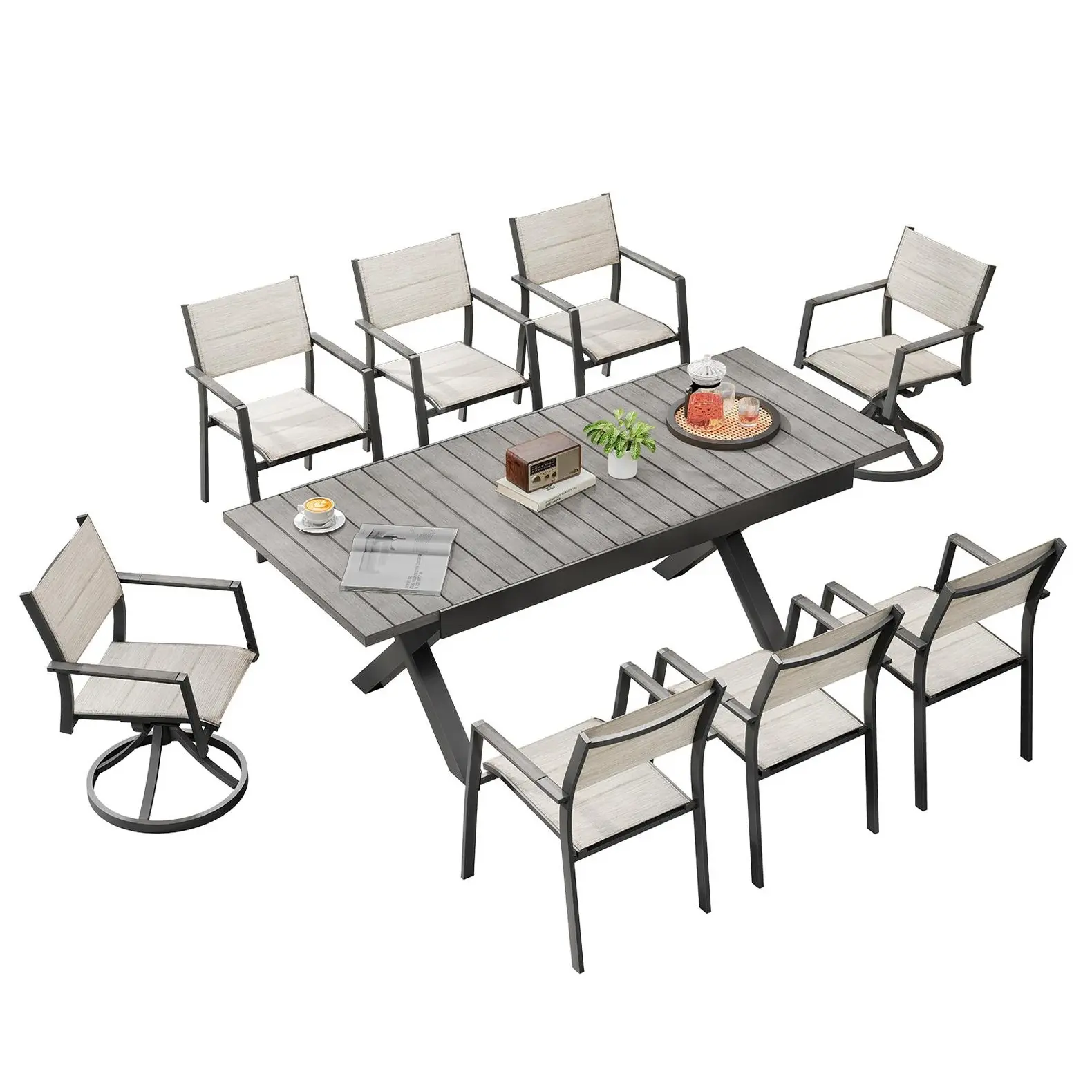 SEEHILL Extendable Patio Dining Set for 8, Never-Rust Aluminum Outdoor Dining Set with 2 Swivel Chairs, Expandable Dining Table and 6 Double-Layer Textilene Chairs, Patio Furniture Set for Garden, Deck,  Backyard